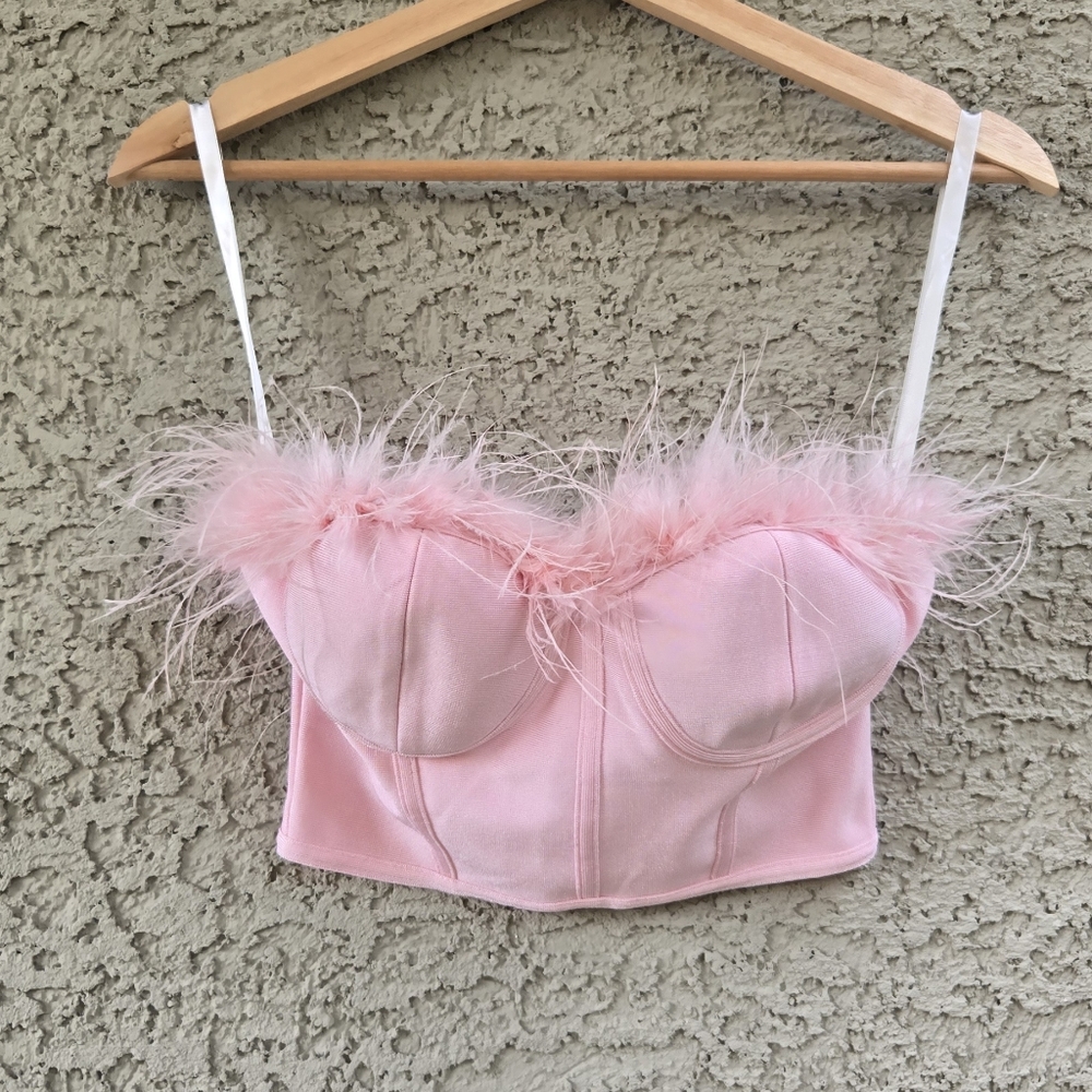 superdown Pink Feather Trim Strapless Crop Top - Picture 3 of 13